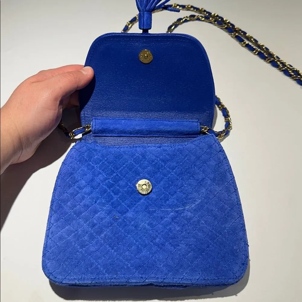 Talbots‎ Blue Suede Quilted Crossbody Bag Gold Chain Strap Tassel Purse